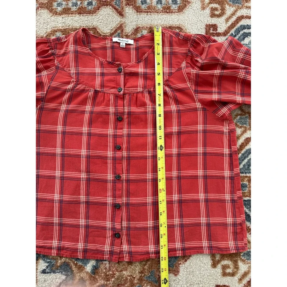 Madewell Plaid Button Front Top Red Puff Sleeve Cotton Blouse Coquette Medium
